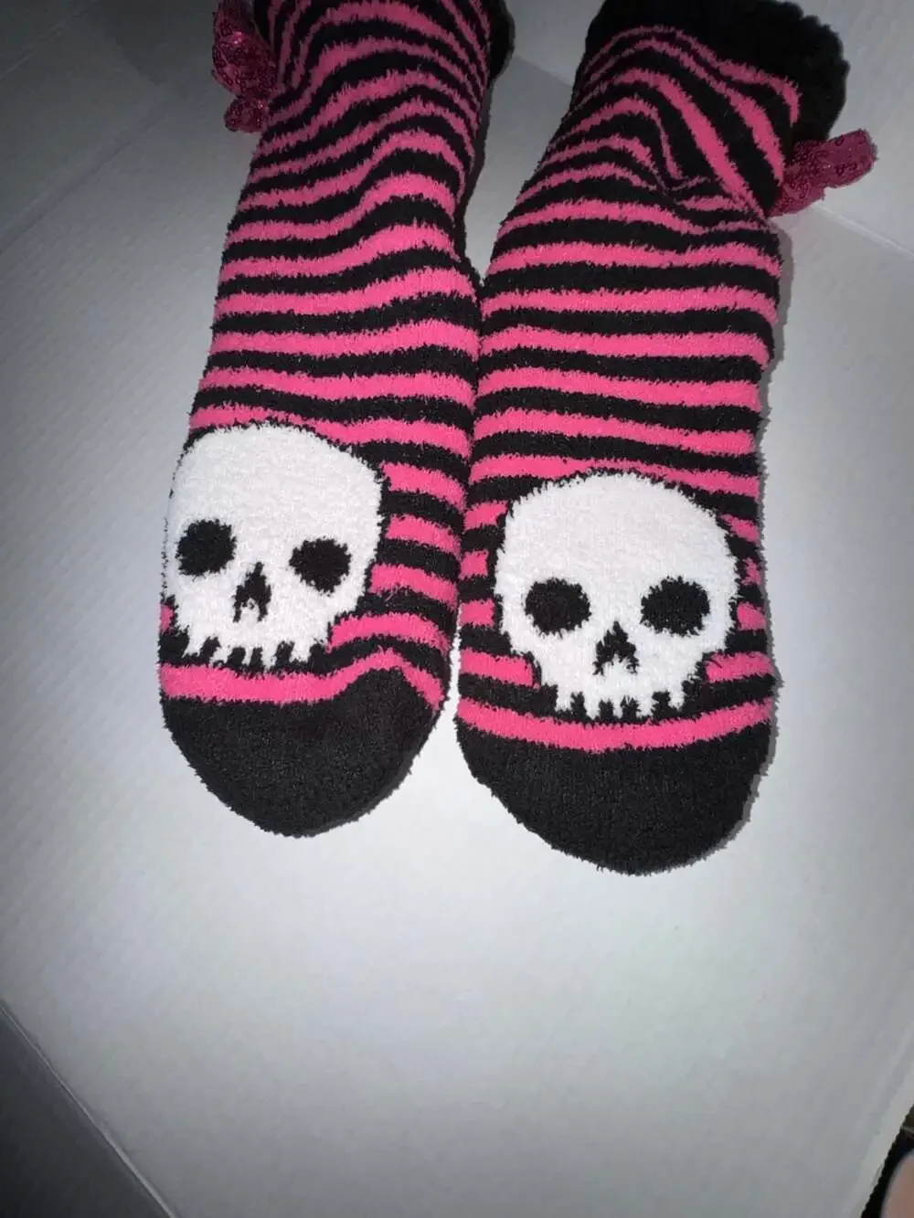 Betsey Johnson Pink and Black Striped Skull Cozy Slipper Socks